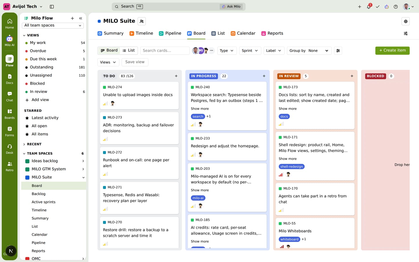 Milo Flow board with stories in To do, In progress and In review