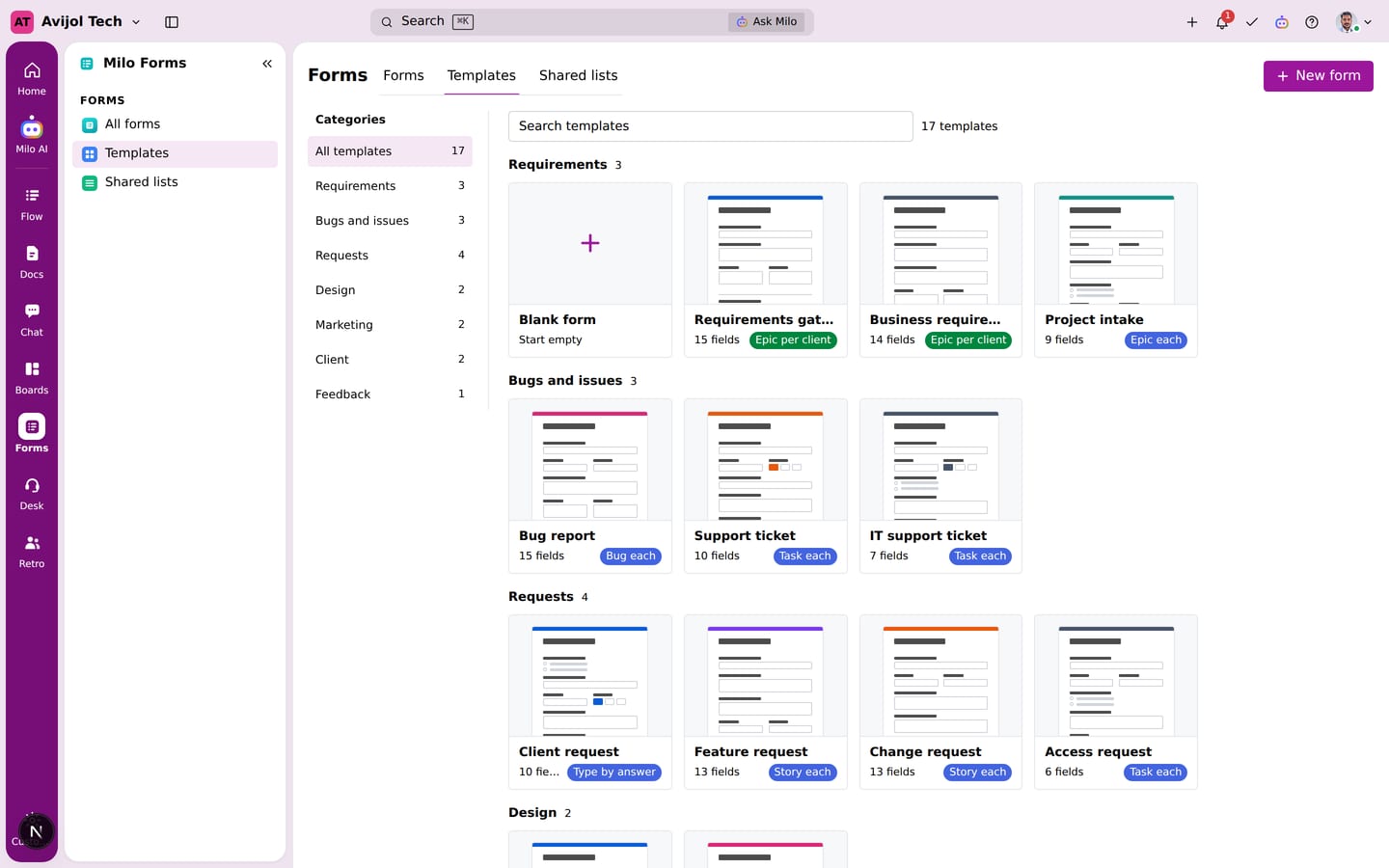 Form templates: requirements gathering, project intake, bug report, support ticket and more