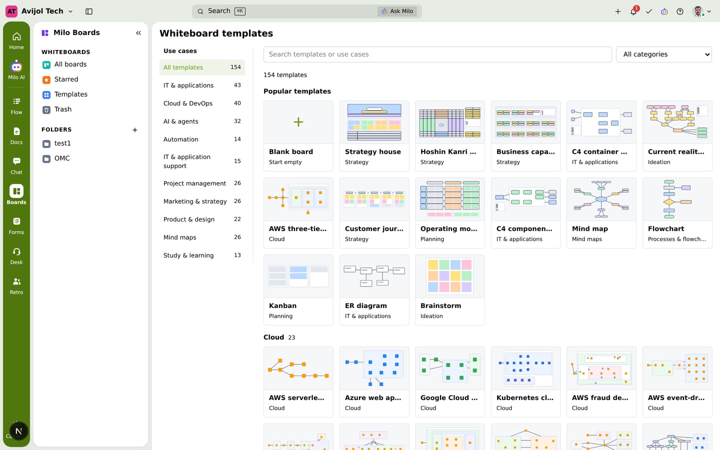 Whiteboard templates grouped by use case: strategy, cloud, planning, mind maps